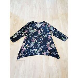 Nanette Lapore L‎ Navy Floral Top Blouse Stretch Angle Sides L/S V-Neck